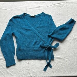 Wrap-Front Teal Knit Cardigan Sweater